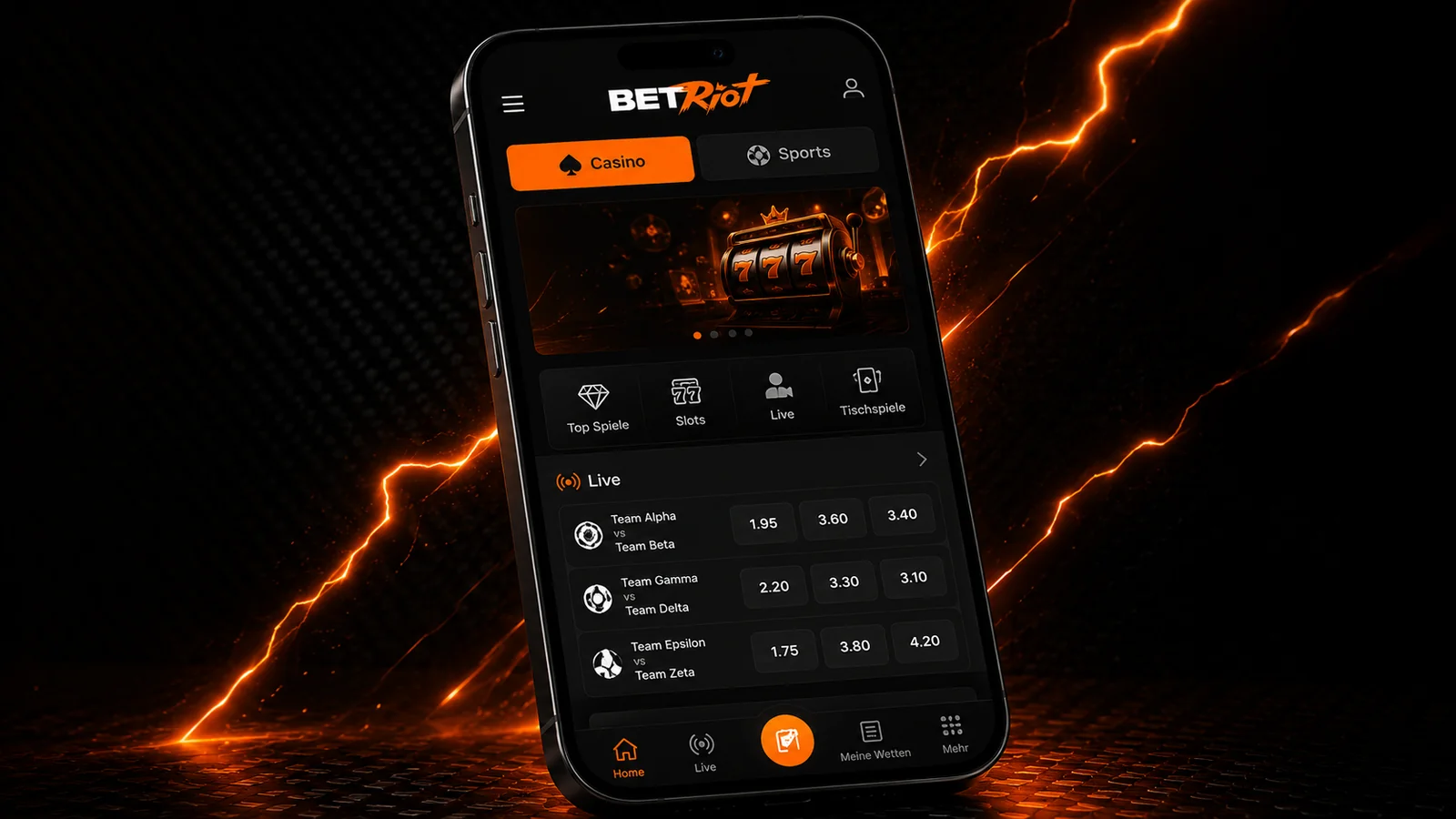 BetRiot Mobile Web-App auf Smartphone mit Casino-Menü, Live-Wetten und 777 Slots