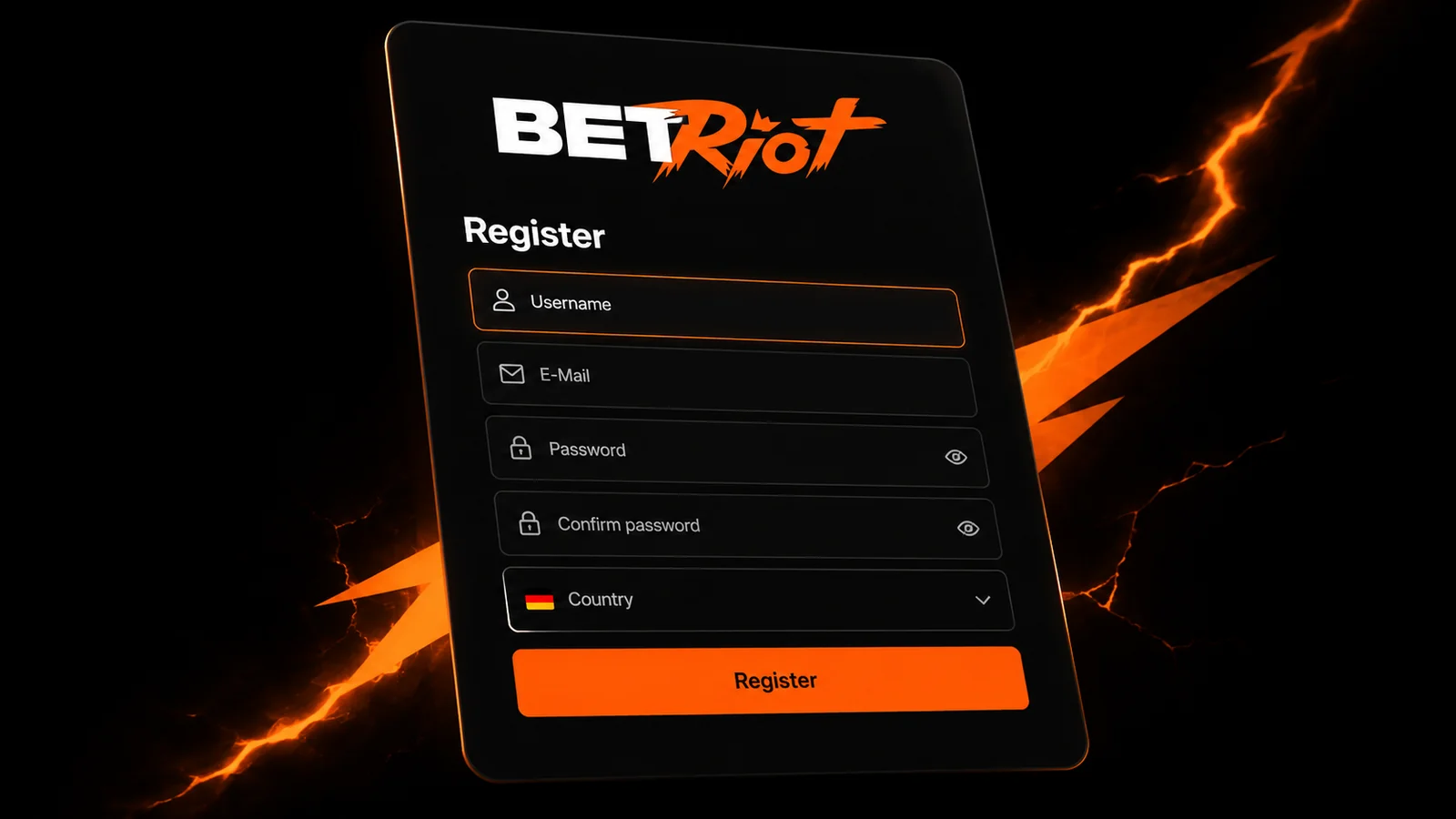 BetRiot Registrierungsformular mit Deutschland-Auswahl, E-Mail, Passwort und Register-Button